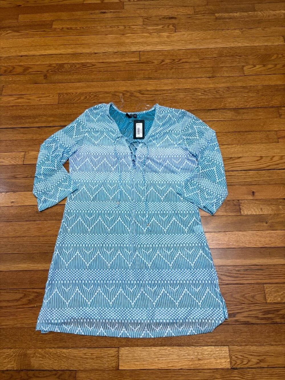 Portocruz Womens Beach Cover Up Size XL Blue 3/4 Sleeve Lace Up Tunic NWT $40